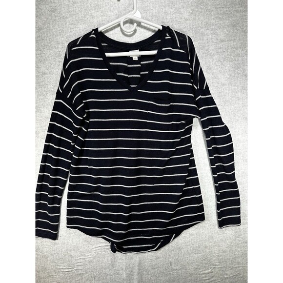 Merona V-neck Navy Blue Striped Nautical Slouch Sweater Oversized Women’s Small - Picture 1 of 7